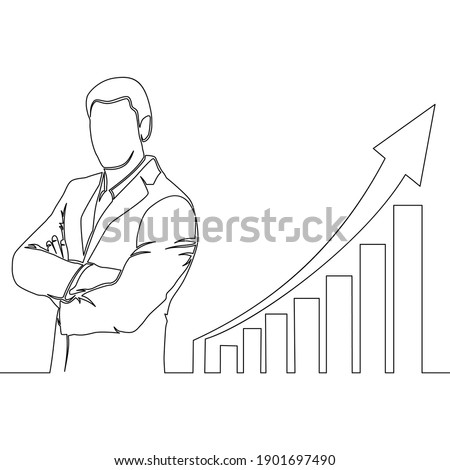 Continuous one single line drawing businessman standing at growing graph presentation icon vector illustration concept