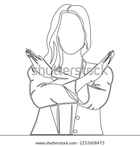 Continuous one single line drawing woman crossing arms and saying no gesture Person making stop sign with hands icon vector illustration concept