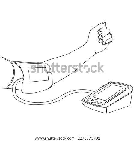 Continuous one single line drawing Measuring blood pleasure healthcare Human hand using tonometer to measure check blood pressure and pulse icon vector illustration concept