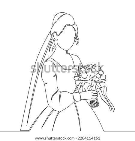 Continuous one single line drawing Beautiful bride holding a bouquet icon vector illustration concept