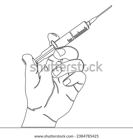 Continuous one single line drawing Hand holding syringe with needle Vaccination, health care injection. Medical icon vector illustration concept