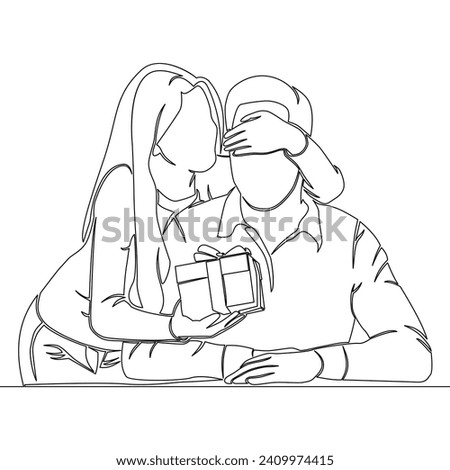 Continuous one single line drawing Young beautiful woman gives a surprise gift to the beloved man icon vector illustration concept