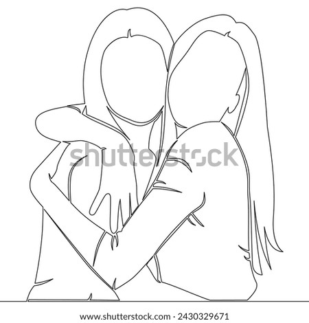 Continuous one single line drawing two girls hugging each other icon vector illustration concept