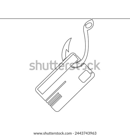 Continuous one single line drawing Credit card on fishing hook Scam and phishing icon vector illustration concept