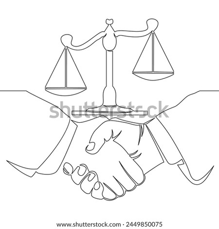 Continuous one single line drawing Client shakes hands with lawyer Legal services scales Advocate consultation Jurisprudence icon vector illustration concept