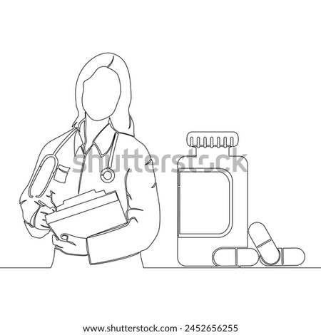 Continuous one single line drawing Woman doctor and jar of pills Pharmacy shop icon vector illustration concept