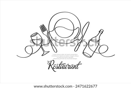 Continuous one single line drawing of plate, fork, knife, bottle of wine and glass. Restaurant menu. Menu food design. Vector illustration.