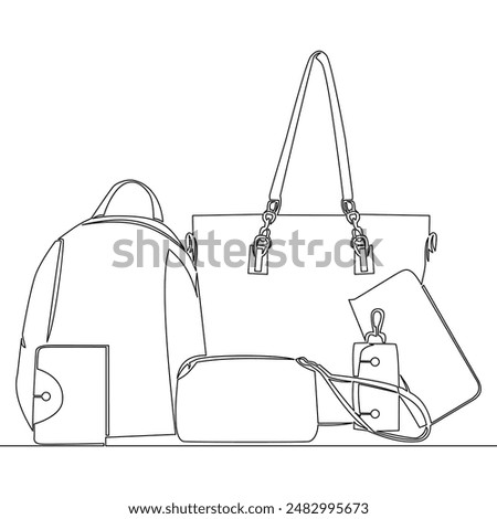 Continuous one single line drawing set of fashionable women's hand bags icon vector illustration concept