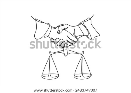 Continuous one single line drawing Client shakes hands with lawyer Legal services scales Advocate consultation Jurisprudence icon vector illustration