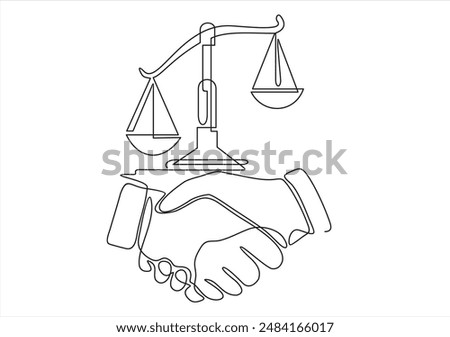 Continuous one single line drawing Client shakes hands with lawyer Legal services scales Advocate consultation Jurisprudence icon vector illustration