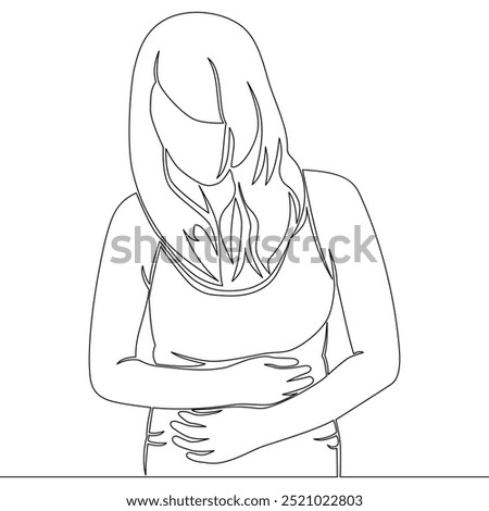 Continuous one single line drawing woman feels pain in her stomach icon vector illustration concept