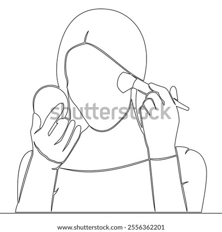 Continuous one single line drawing Woman applying makeup in front of a small mirror icon vector illustration concept