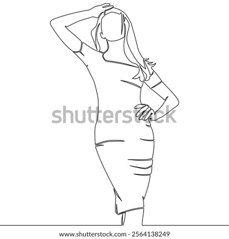 Continuous one single line drawing Female model in elegant dress posing icon vector illustration concept