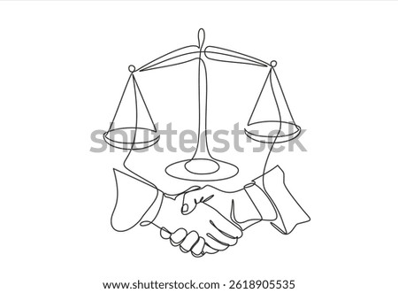 Continuous one single line drawing Client shakes hands with lawyer Legal services scales Advocate consultation Jurisprudence icon vector illustration	