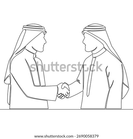 Continuous one single line drawing Two Arab businessmen in traditional clothing shaking hands icon vector illustration concept