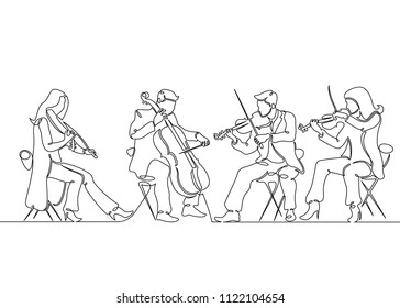 Continuous one single line drawn musical quartet violin musicians. Classic music, musician, art, instrument, concert, classical, orchestra, cello, violinist, band.