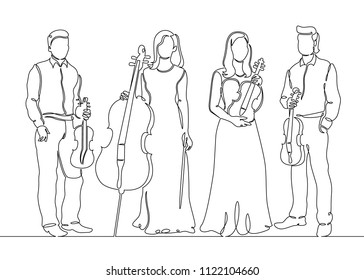 Continuous one single line drawn musical quartet violin musicians. Classic music, musician, art, instrument, concert, classical, orchestra, cello, violinist, band.