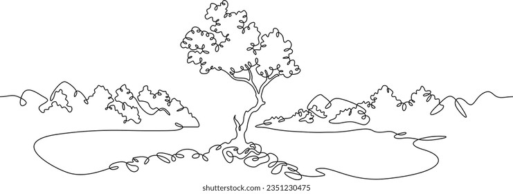 Continuous one single line drawn Mountain landscape. Rocks in the forest. Mountain Lake. Forest landscape.