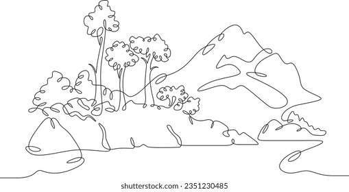 Continuous one single line drawn Mountain landscape. Rocks in the forest. Mountain Lake. Forest landscape.