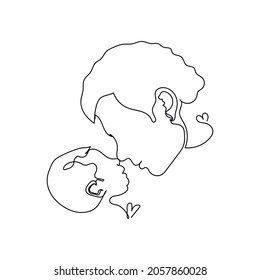 Continuous one single line father face and newborn baby face fathers day concept in silhouette on a white background. Linear stylized.