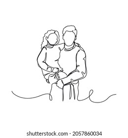 Continuous one single line father holding little daughter, fathers day concept in silhouette on a white background. Linear stylized.