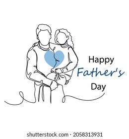 Continuous one single line father holding little daughter, fathers day concept in silhouette on a white background. Linear stylized.