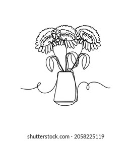 Flores continuas de una sola línea en el concepto de ecología de jarrones en silueta sobre un fondo blanco. Linear estilizado.