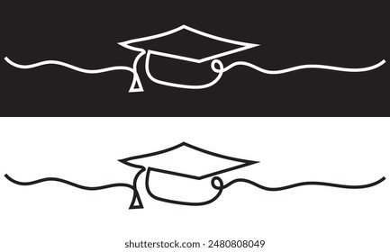 Continuo una sola línea de sombrero de la graduación aislado sobre fondo blanco y negro. EPS 10