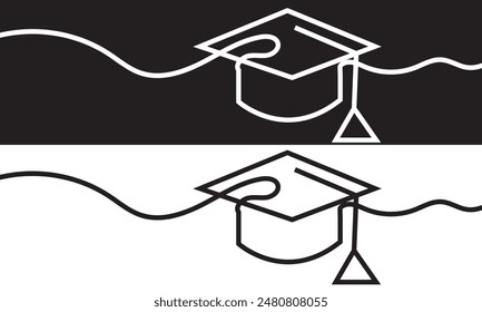 Continuous one single line of graduation hat isolated on white and black background. EPS 10