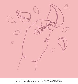 Continuous one single line hand palm finger holds green leaf, leaf fall.Abstract minimal linear symbol logo design tattoo emblem concept.