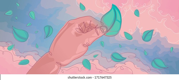 Continuous one single line hand palm finger holds green leaf, leaf fall .Abstract minimal linear symbol logo design tattoo emblem concept.Color panorama gradient