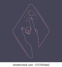 Continuous one single line hand palm finger points up to air bubbles.Abstract minimal linear symbol logo design tattoo emblem concept.Linear rhombus logo