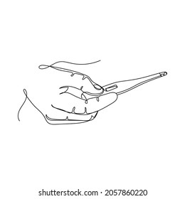 Continuous one single line hand holding a digital thermometer in silhouette on a white background. Linear stylized.