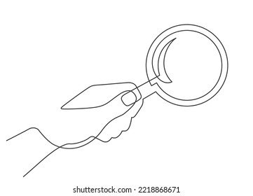 Continuous one single line of hand holding magnifying glass isolated on white background.