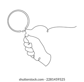 Continuous one single line of hand holding magnifying glass isolated on white background.