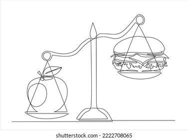 continuous one single line of mechanical scales with apple and burger, hamburger. One continuous line art style