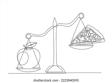 continuous one single line of mechanical scales with apple and pizza. One continuous line art style