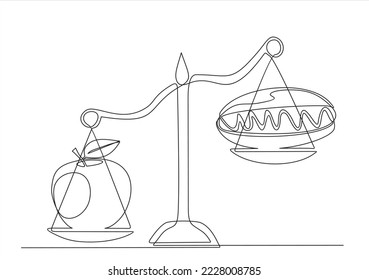 continuous one single line of mechanical scales with apple and hot dog. One continuous line art style