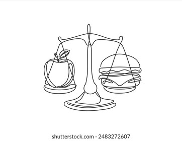 continuous one single line of mechanical scales with apple and hot dog. One continuous line art style