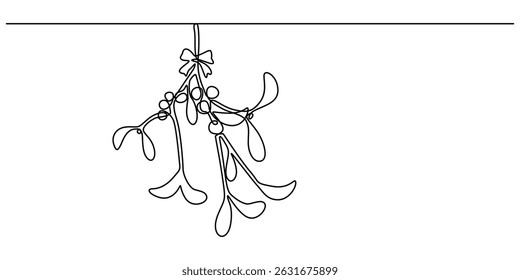 Continuous one single line of mistletoe winter flower isolated on white background, A simple, continuous line drawing of holly and mistletoe, perfect for a Christmas or New Year's greeting card.