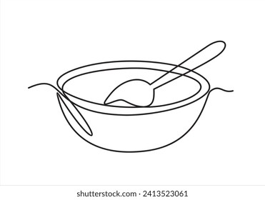 Continuo una sola línea de una sopa con el concepto de cuchara en silueta sobre fondo blanco. Linear estilizado.