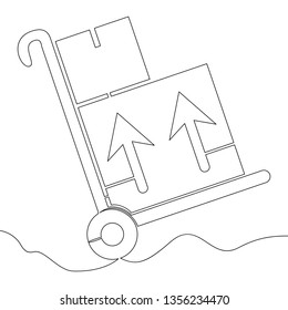 Continuous one single line warehouse trolley delivery handcart vector illustration concept