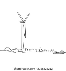 Continuous one single line of a wind mill modern ecology concept in silhouette on a white background. Linear stylized.