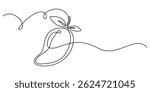 Continuous one single minimal line drawing mango, Continuous one line drawing of mango fruit with leaf. Mango fruit hand drawn single line art vector illustration,  Black line art on white background.
