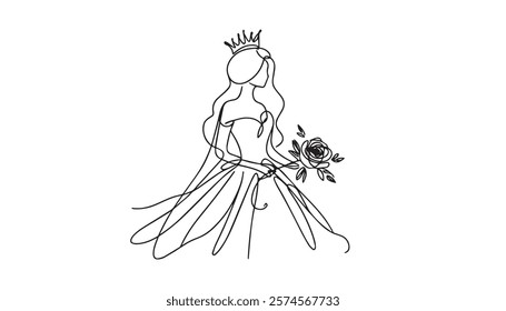 Continuous one single minimal line drawing queen 