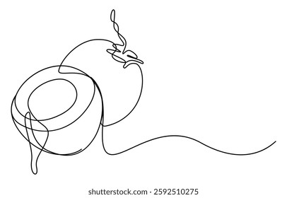 Continuous one single minimal line drawing coconut, Single continuous line drawing whole and sliced healthy organic coconut for orchard logo identity. Fresh fruitage concept for fruit garden icon.