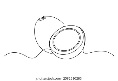 Continuous one single minimal line drawing coconut, Single continuous line drawing whole and sliced healthy organic coconut for orchard logo identity. Fresh fruitage concept for fruit garden icon.