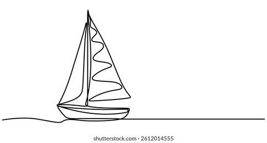 Continuous one single minimal line drawing sailing, Sailboat continuous one line icon drawing on white background, Sea boat vector illustration in doodle style, one line drawing outline vector art.