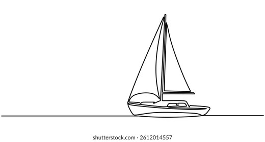 Continuous one single minimal line drawing sailing, Sailboat continuous one line icon drawing on white background, Sea boat vector illustration in doodle style, one line drawing outline vector art.