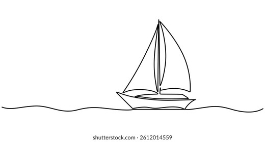 Continuous one single minimal line drawing sailing, Sailboat continuous one line icon drawing on white background, Sea boat vector illustration in doodle style, one line drawing outline vector art.